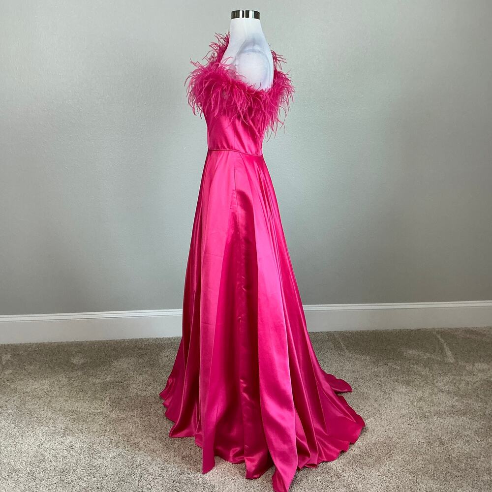 Mac Duggal 11684 Pink Evening Gown Satin One Shoulder Feather Trim Dress Size 4 - Picture 6 of 11